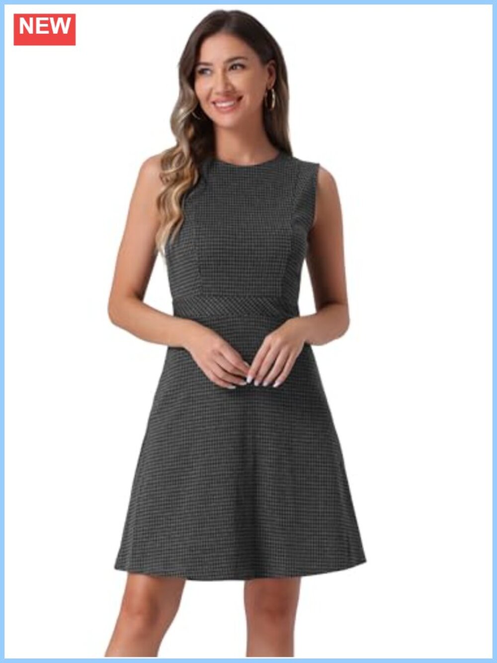 Sleeveless Houndstooth Plaid Fit & Flare Dress Women Cocktail Party Work